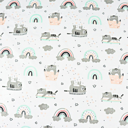 Baumwolle 100% Katzen in grau-mint-apricot mit Regenbogen auf weißem Hintergrund  