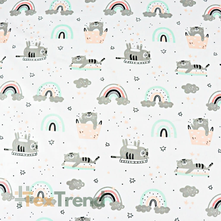 Baumwolle 100% Katzen in grau-mint-apricot mit Regenbogen auf weißem Hintergrund  