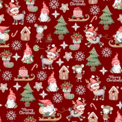 Baumwolle 100% Weihnachtsmuster Wichtel mit Mäusen auf rotem Hintergrund  