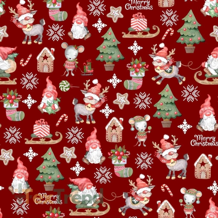 Baumwolle 100% Weihnachtsmuster Wichtel mit Mäusen auf rotem Hintergrund  