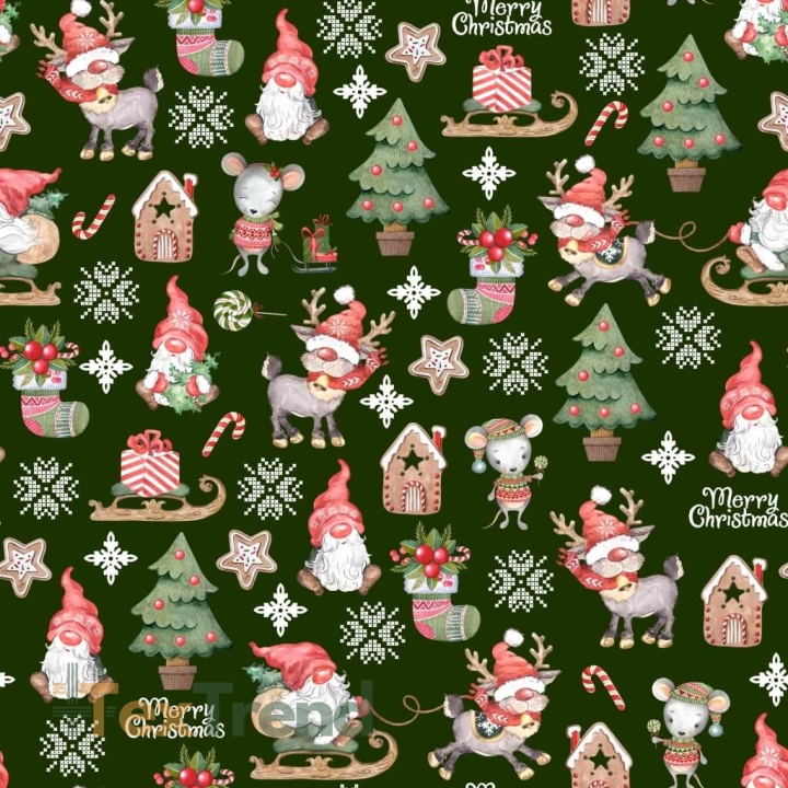 Baumwolle 100% Weihnachtsmuster Wichtel mit Mäusen auf grünem Hintergrund  