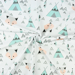 Baumwolle 100% Füchse mint-aprikose mit Tipi auf weißem Hintergrund  