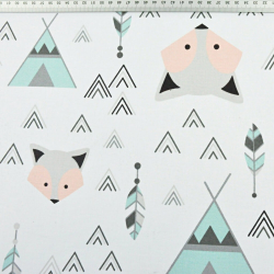 Baumwolle 100% Füchse mint-aprikose mit Tipi auf weißem Hintergrund  