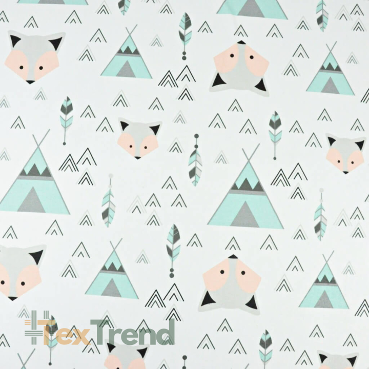 Baumwolle 100% Füchse mint-aprikose mit Tipi auf weißem Hintergrund  