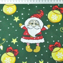 Baumwolle 100% Weihnachtsmuster mit Weihnachtsmännern und Christbaumkugeln auf dunkelgrünem Hintergrund  