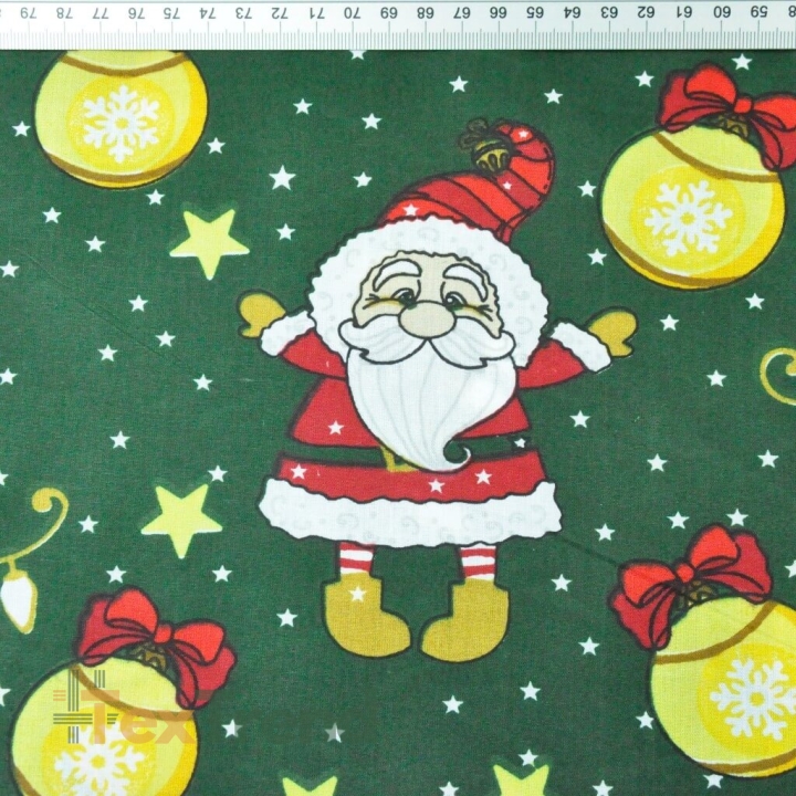 Baumwolle 100% Weihnachtsmuster mit Weihnachtsmännern und Christbaumkugeln auf dunkelgrünem Hintergrund  