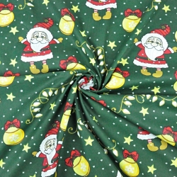 Baumwolle 100% Weihnachtsmuster mit Weihnachtsmännern und Christbaumkugeln auf dunkelgrünem Hintergrund  