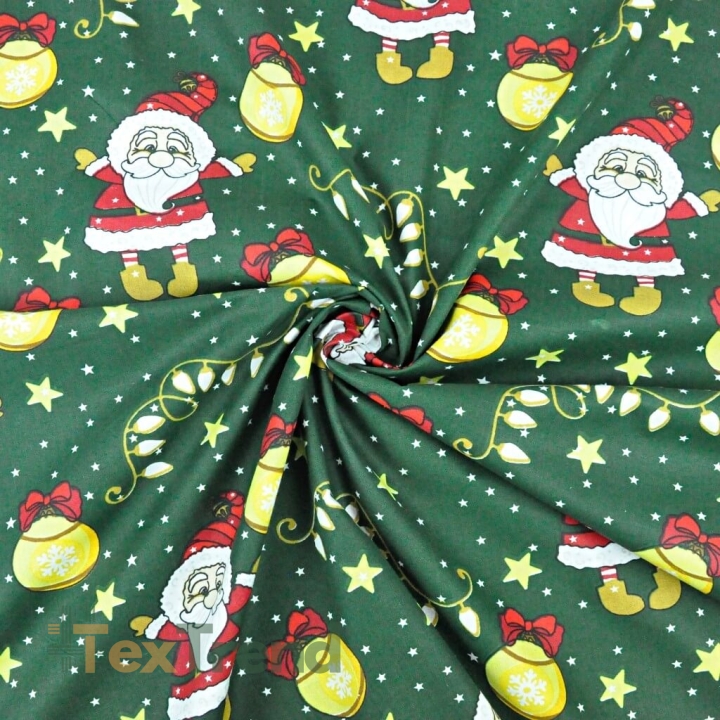 Baumwolle 100% Weihnachtsmuster mit Weihnachtsmännern und Christbaumkugeln auf dunkelgrünem Hintergrund  