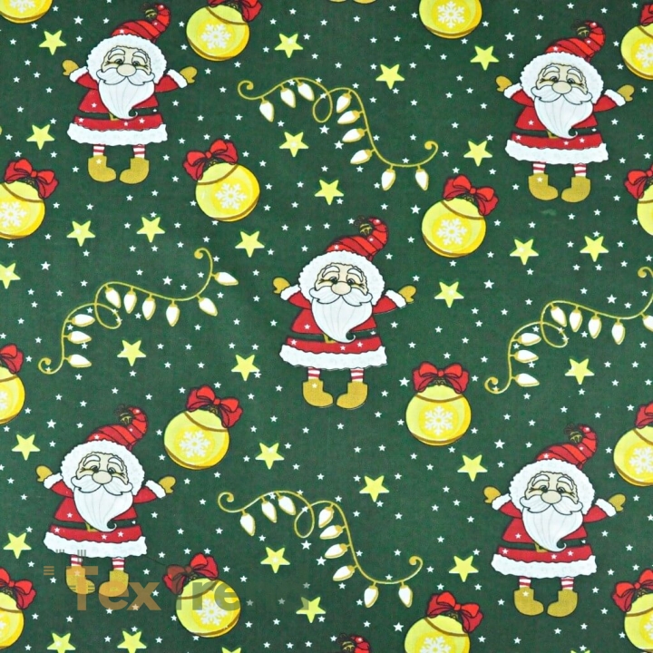 Baumwolle 100% Weihnachtsmuster mit Weihnachtsmännern und Christbaumkugeln auf dunkelgrünem Hintergrund  
