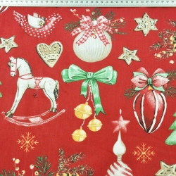 Baumwolle 100% Weihnachtsmuster Dekorationen RETRO auf rotem Hintergrund  