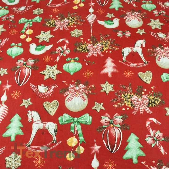 Baumwolle 100% Weihnachtsmuster Dekorationen RETRO auf rotem Hintergrund  