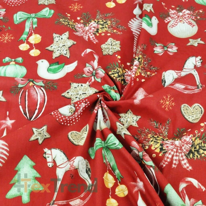 Baumwolle 100% Weihnachtsmuster Dekorationen RETRO auf rotem Hintergrund  