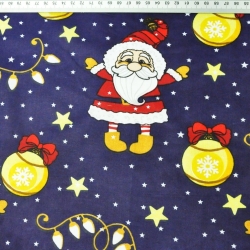 Baumwolle 100% Weihnachtsmuster mit Weihnachtsmännern und Christbaumkugeln auf dunkelblauem Hintergrund  