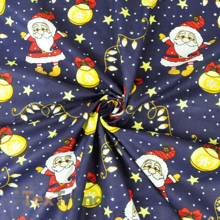 Baumwolle 100% Weihnachtsmuster mit Weihnachtsmännern und Christbaumkugeln auf dunkelblauem Hintergrund  