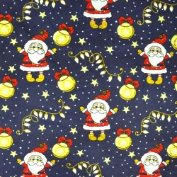 Baumwolle 100% Weihnachtsmuster mit Weihnachtsmännern und Christbaumkugeln auf dunkelblauem Hintergrund  