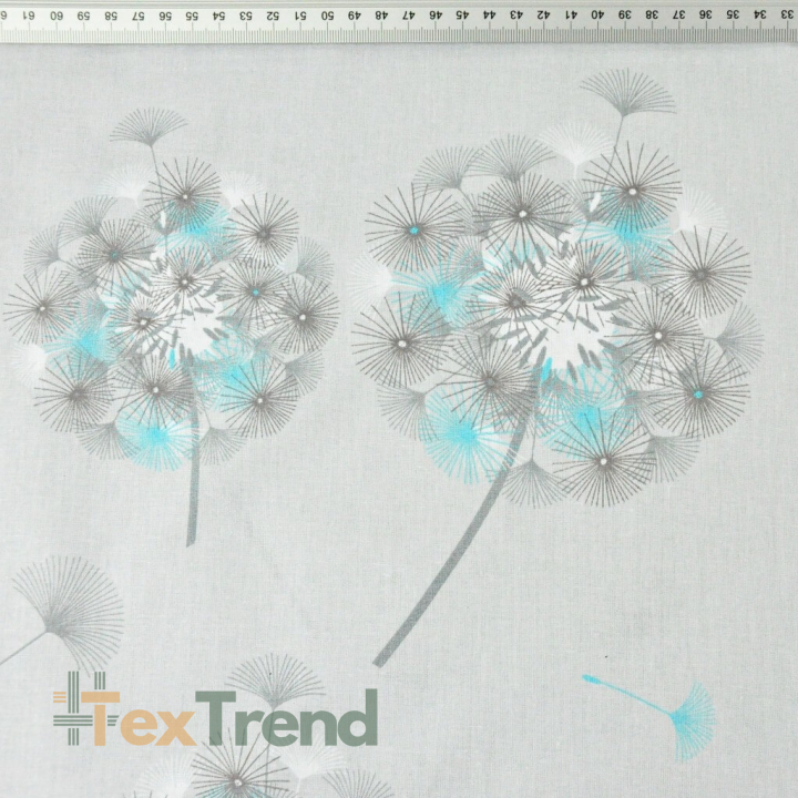 100% Baumwolle Pusteblumen grau-blau auf hellgrauem Hintergrund  