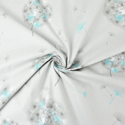 100% Baumwolle Pusteblumen grau-blau auf hellgrauem Hintergrund  