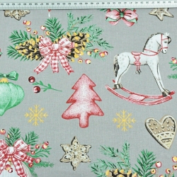 Baumwolle 100% Weihnachtsmuster Dekorationen RETRO auf grauem Hintergrund  