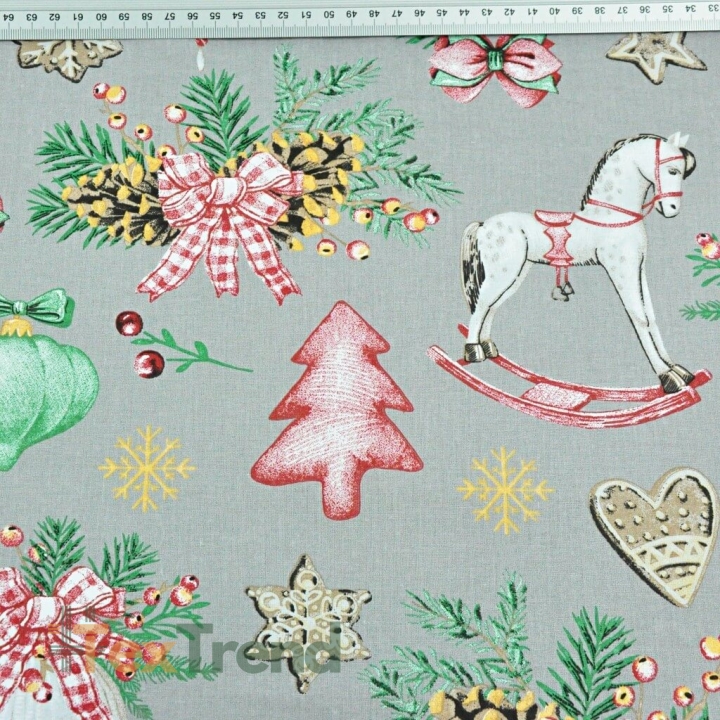 Baumwolle 100% Weihnachtsmuster Dekorationen RETRO auf grauem Hintergrund  
