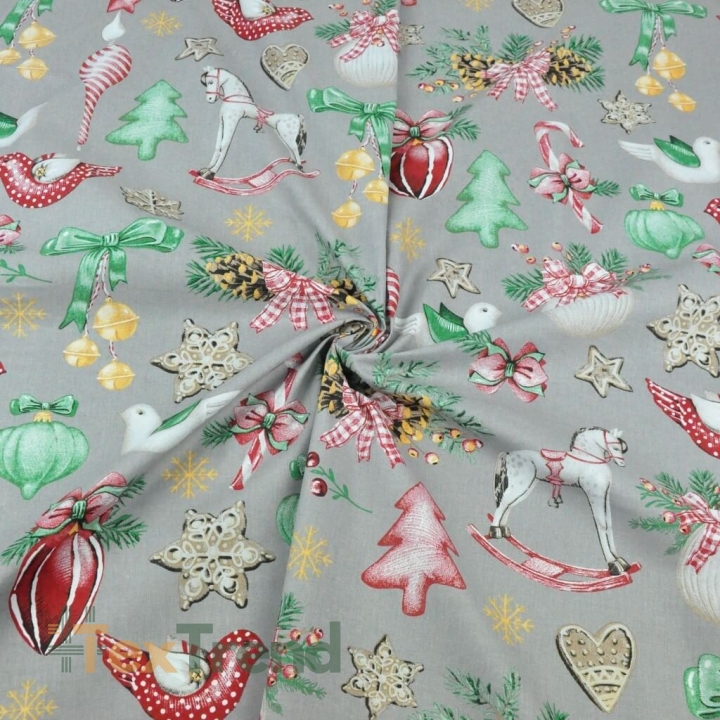 Baumwolle 100% Weihnachtsmuster Dekorationen RETRO auf grauem Hintergrund  