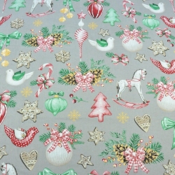 Baumwolle 100% Weihnachtsmuster Dekorationen RETRO auf grauem Hintergrund  
