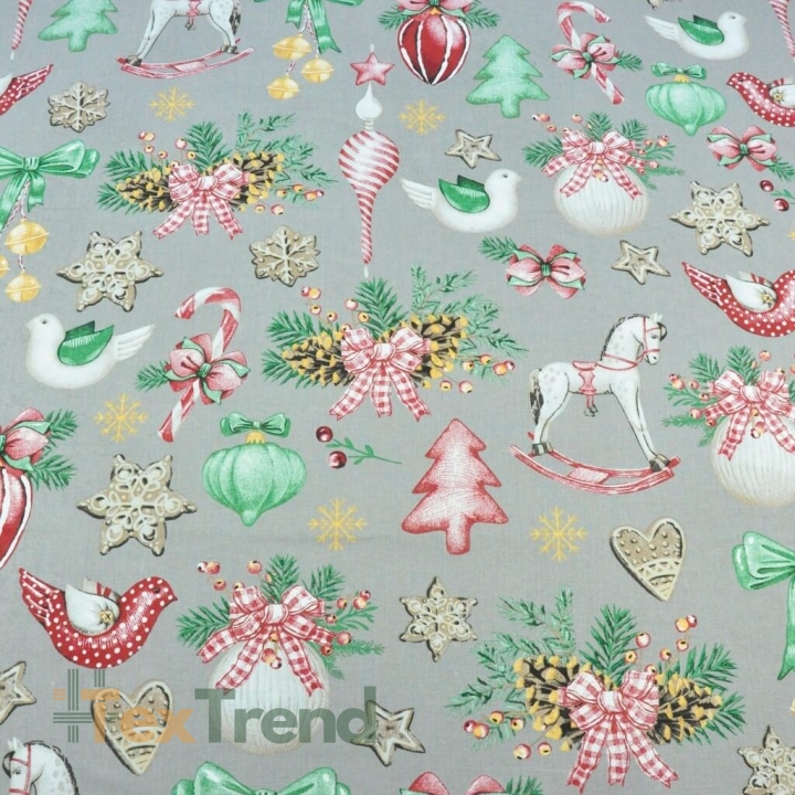 Baumwolle 100% Weihnachtsmuster Dekorationen RETRO auf grauem Hintergrund  