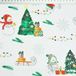 Baumwolle 100% Weihnachtsmuster Schneemänner mit Schlitten auf weißem Hintergrund  