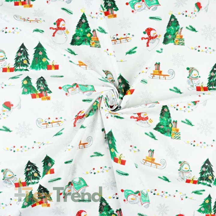 Baumwolle 100% Weihnachtsmuster Schneemänner mit Schlitten auf weißem Hintergrund  