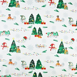 Baumwolle 100% Weihnachtsmuster Schneemänner mit Schlitten auf weißem Hintergrund  