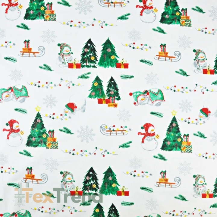 Baumwolle 100% Weihnachtsmuster Schneemänner mit Schlitten auf weißem Hintergrund  