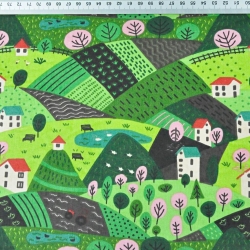 Baumwolle 100% Häuschen auf grüner Wiese