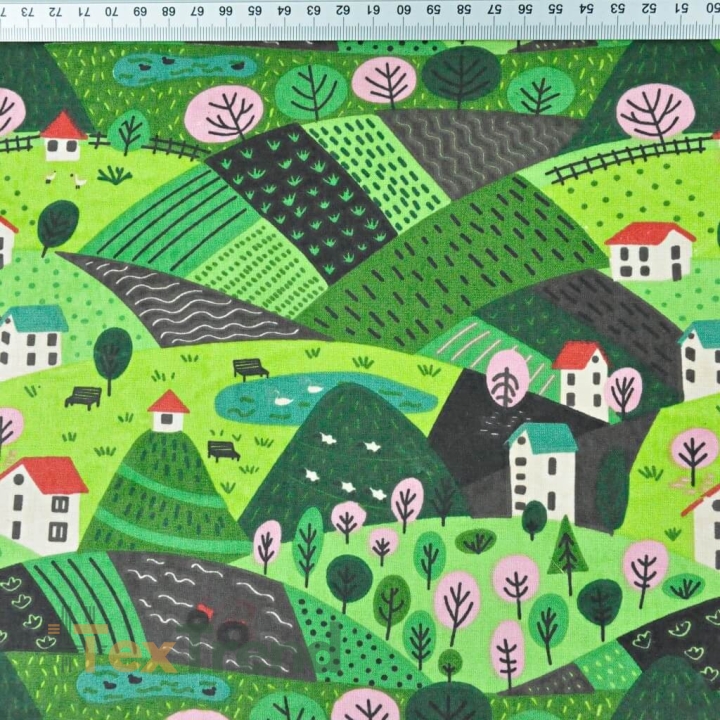 Baumwolle 100% Häuschen auf grüner Wiese