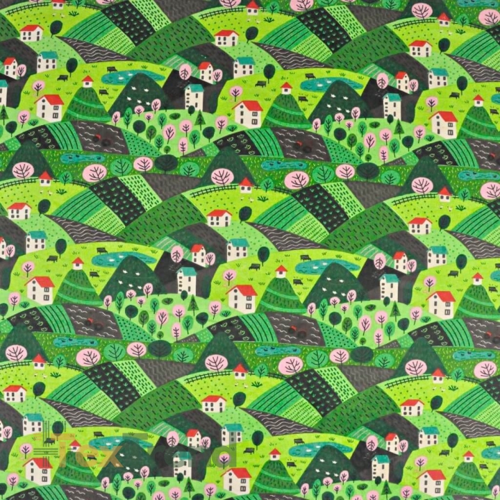 Baumwolle 100% Häuschen auf grüner Wiese