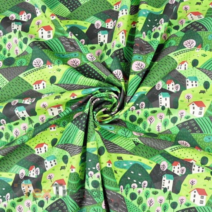 Baumwolle 100% Häuschen auf grüner Wiese