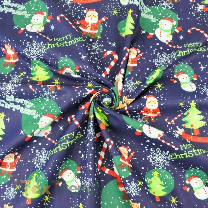 Baumwolle 100% Weihnachtsmuster mit Weihnachtsmännern und Schneemännern auf dunkelblauem Hintergrund  