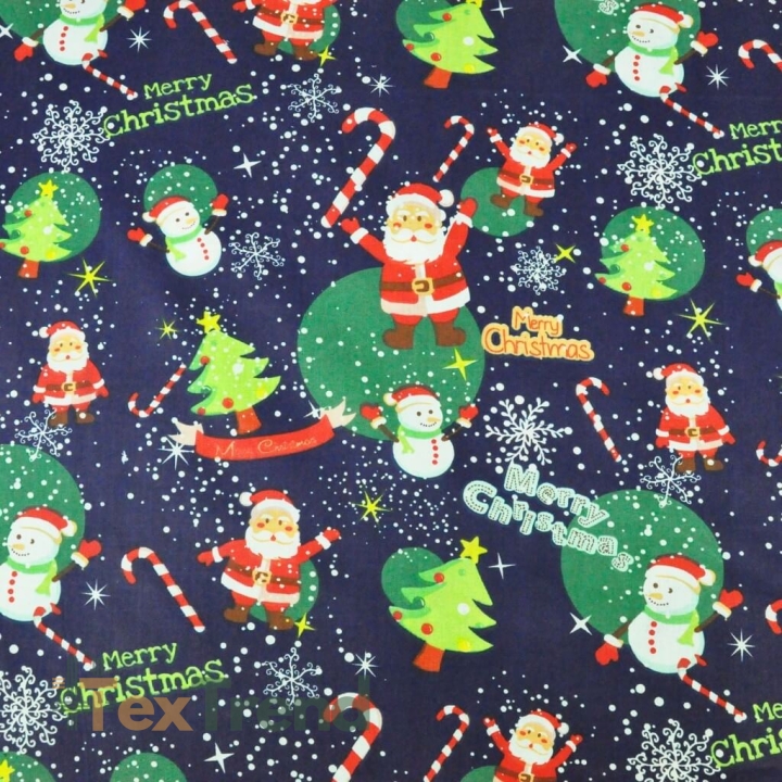 Baumwolle 100% Weihnachtsmuster mit Weihnachtsmännern und Schneemännern auf dunkelblauem Hintergrund  