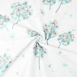 100% Baumwolle Pusteblumen grau-blau auf weißem Hintergrund  