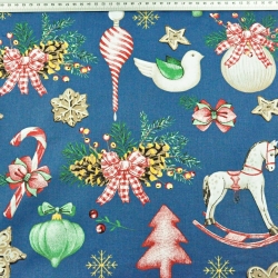 Baumwolle 100% Weihnachtsmuster Dekorationen RETRO auf jeansfarbenem Hintergrund  