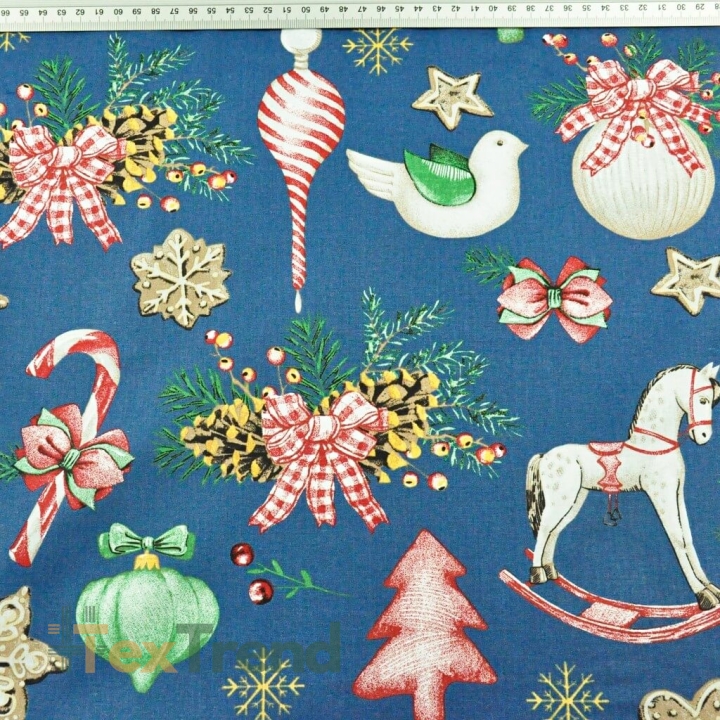 Baumwolle 100% Weihnachtsmuster Dekorationen RETRO auf jeansfarbenem Hintergrund  