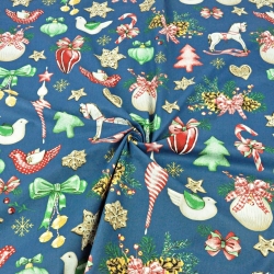 Baumwolle 100% Weihnachtsmuster Dekorationen RETRO auf jeansfarbenem Hintergrund  