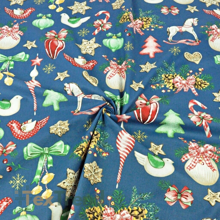 Baumwolle 100% Weihnachtsmuster Dekorationen RETRO auf jeansfarbenem Hintergrund  