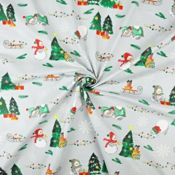 Baumwolle 100% Weihnachtsmuster Schneemänner mit Schlitten auf grauem Hintergrund  