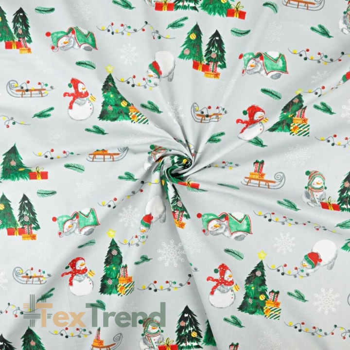 Baumwolle 100% Weihnachtsmuster Schneemänner mit Schlitten auf grauem Hintergrund  