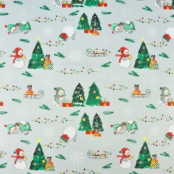 Baumwolle 100% Weihnachtsmuster Schneemänner mit Schlitten auf grauem Hintergrund  