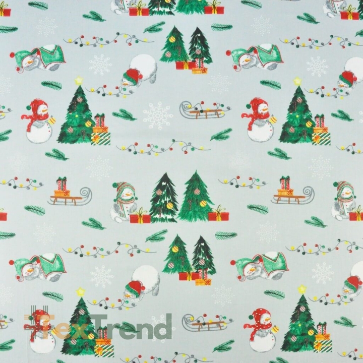 Baumwolle 100% Weihnachtsmuster Schneemänner mit Schlitten auf grauem Hintergrund  