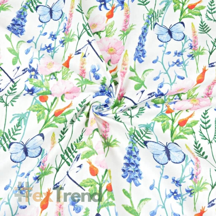 Baumwolle 100% Wiese mit Lupinen auf weißem Hintergrund  