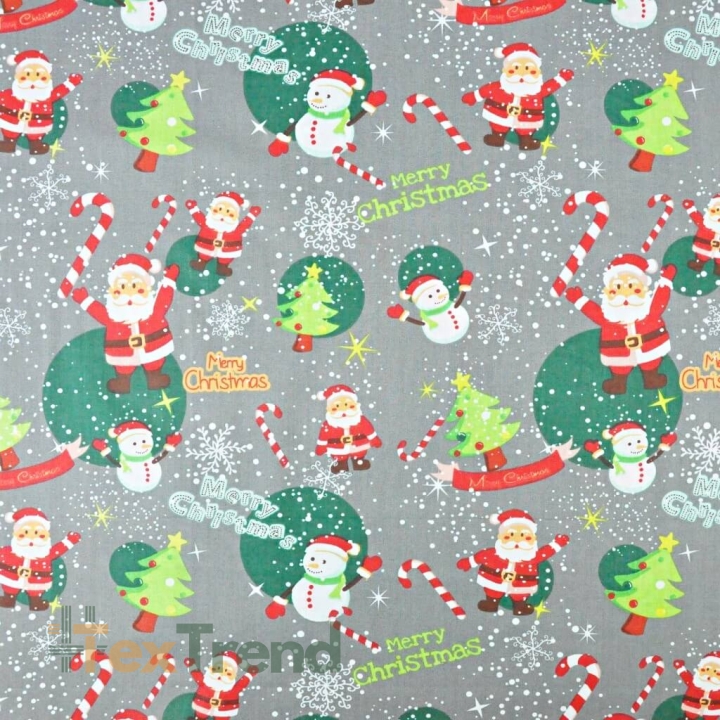 Baumwolle 100% Weihnachtsmuster mit Weihnachtsmännern und Schneemännern auf grauem Hintergrund  