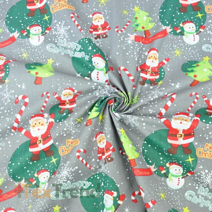 Baumwolle 100% Weihnachtsmuster mit Weihnachtsmännern und Schneemännern auf grauem Hintergrund  