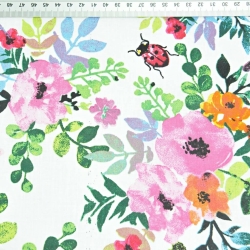 Baumwolle 100% Mohnblumen bunt mit Insekten auf weißem Hintergrund  