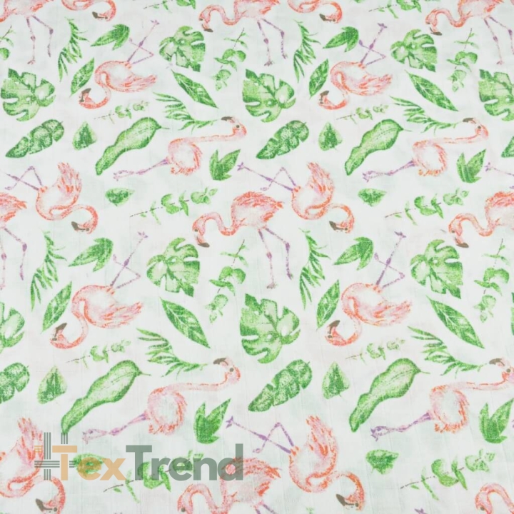 Baumwoll-Musselin Flamingos mit Blättern auf weißem Hintergrund  